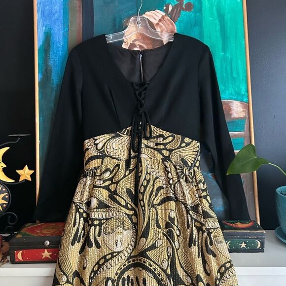 Nu-Mode Vintage 70’s Black and Gold Long Sleeve Dress Small - Picture 3 of 16